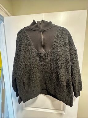 aerie Black Sherpa Zip-Neck Pullover Sweatshirt
